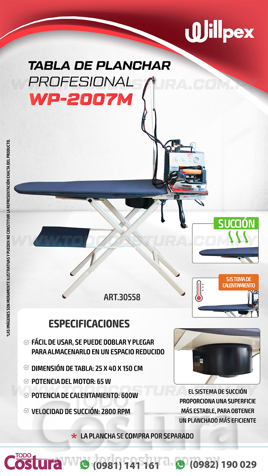 TABLA DE PLANCHAR PROFESIONAL (CON SUCCION Y CALENTADOR) WILLPEX WP-2007M